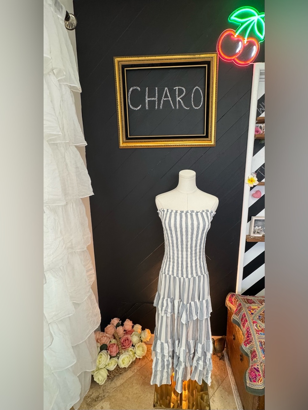 NWT Victoria’s Boutique Blue & White Striped Off-the-Shoulder Smocked Dress - Picture 5 of 14